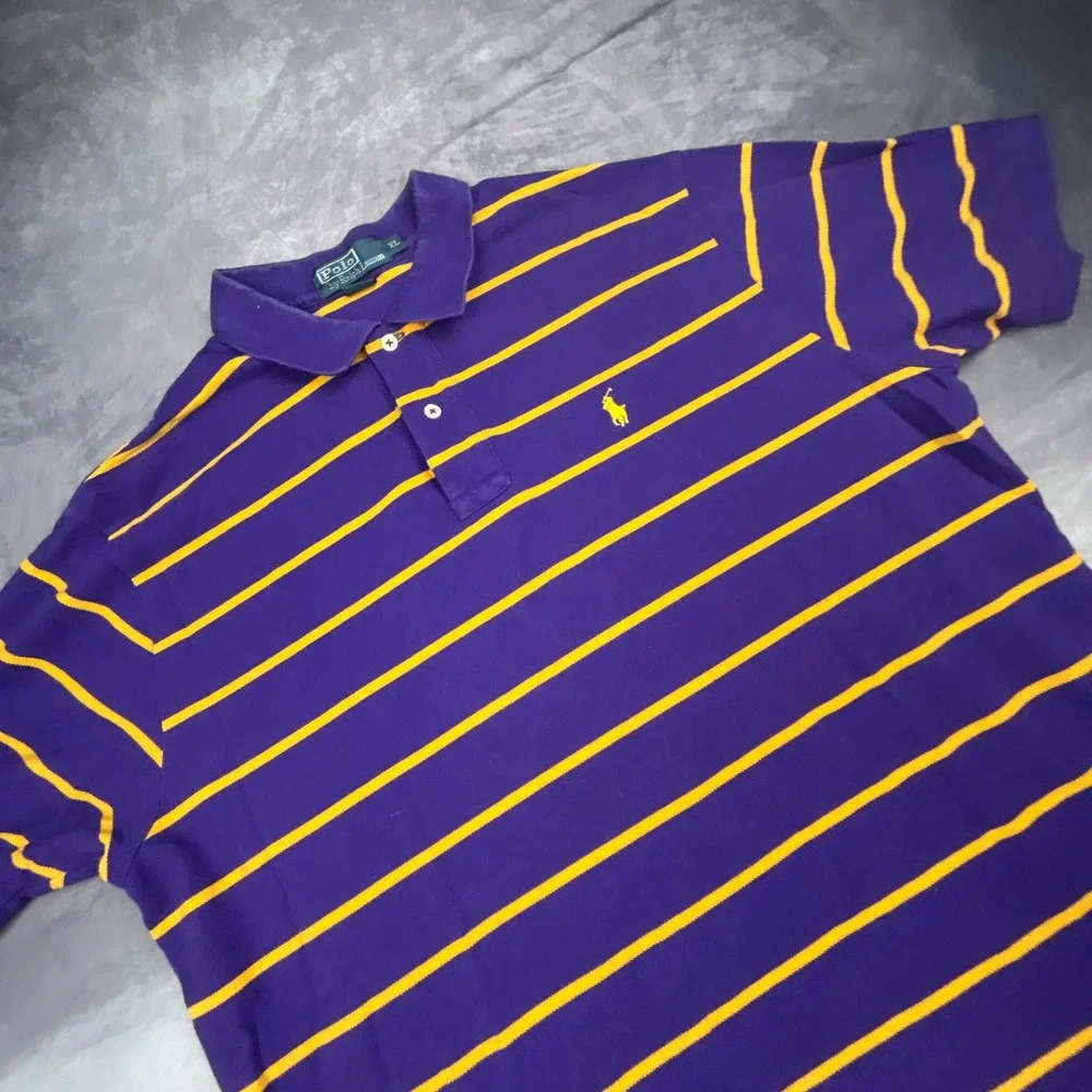 Polo Ralph Lauren Striped Polo Shirt Mens XL Purple Yellow Y2K Vintage Boxy Fit